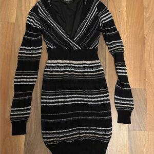 Guess Black and White Striped Long Sleeve Dress